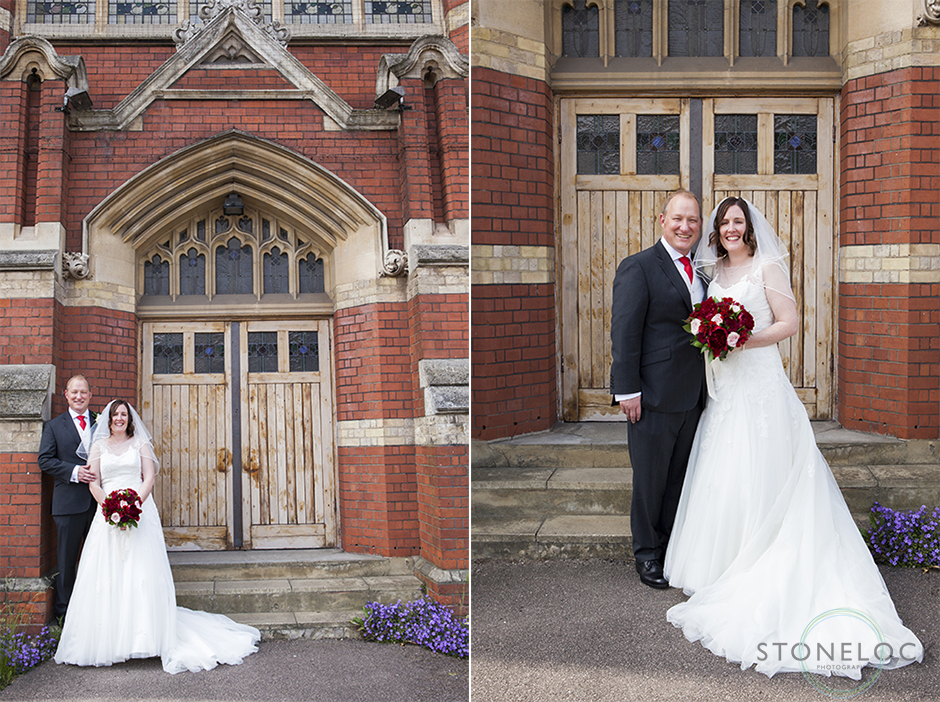 The bride and groom pose for photos outside of Mitcham Lane Baptist Church
