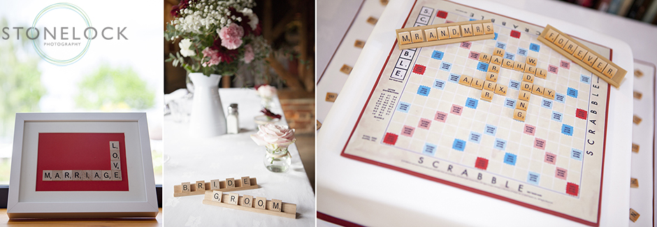 The scrabble decorations at the wedding, the wedding cake made in the style of a scrabble board
