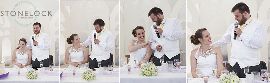 Photos showing the interaction between the bride and groom as he gives his wedding speech