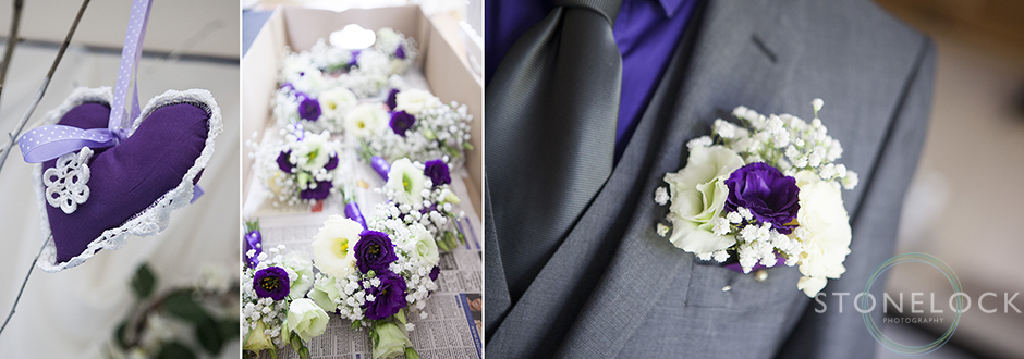 Photos of wedding flowers, the bridesmaids bouquets and the button holes, the flowers a re purple and white