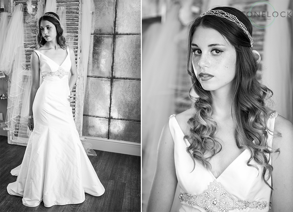 A model wears Lou Lou Louis wedding dress at Helena Fortley Bridal Boutique in Caterham, Surrey