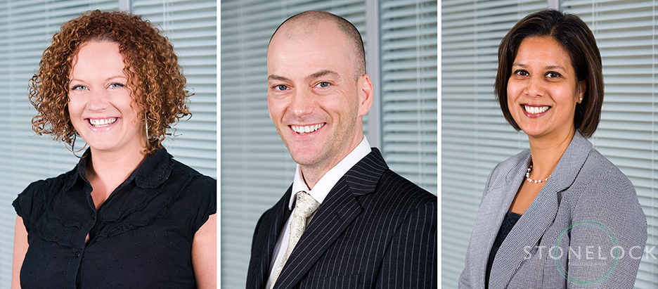 Three professional business head shots profile photos for use on websites and social media