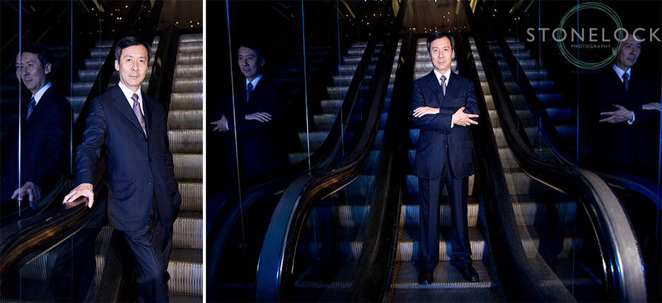 Joseph Wan the Chief Executive of Harvey Nichols stands on the escalators for a corporate headshot