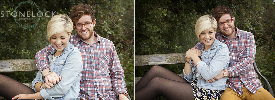 A couple relax on a bench and lean into each other during their engagement photo shoot in Bristol