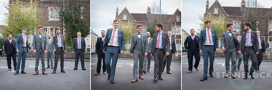 The groom and groomsmen walk to the Church on wedding day in Bristol