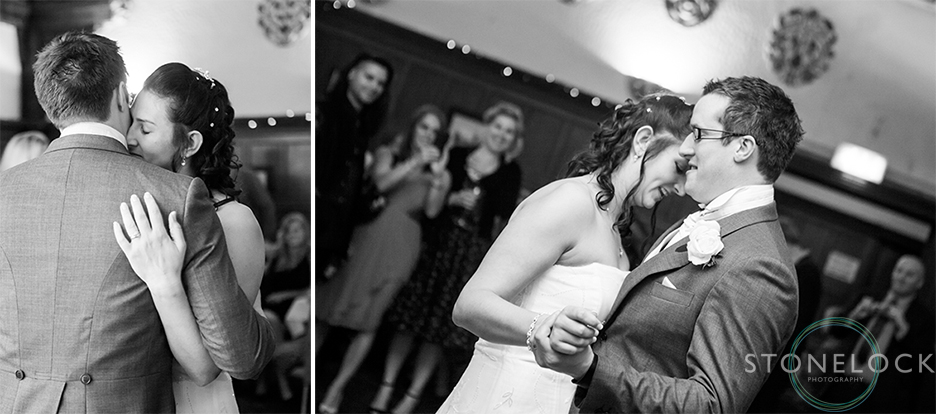 The bride and groom share their first dance at their wedding reception at 
