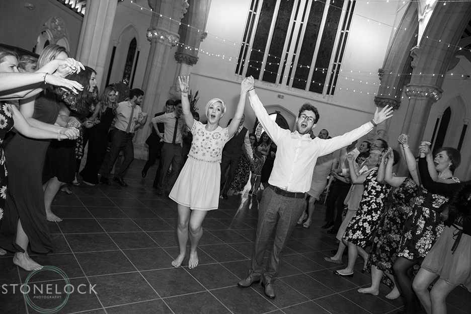A photo of the bride and groom\s first dance at their wedding reception at St Mary Magdelene in Bristol