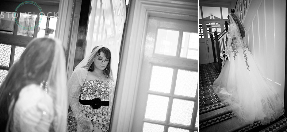 The bride poses in her dress before leaving for the wedding ceremony