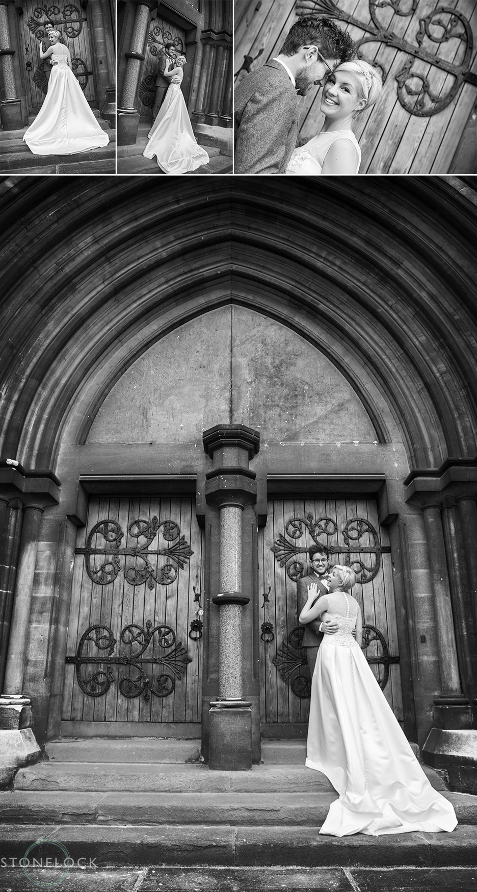 The bride and groom pose for some wedding photos outside Woodlands Church in Bristol after their wedding ceremony. The photos are in black and white.