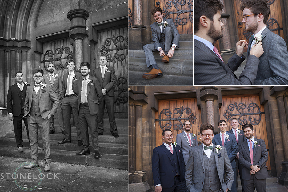 The groom and the groomsmen stand outside Woodlands Church in Bristol for some wedding photography