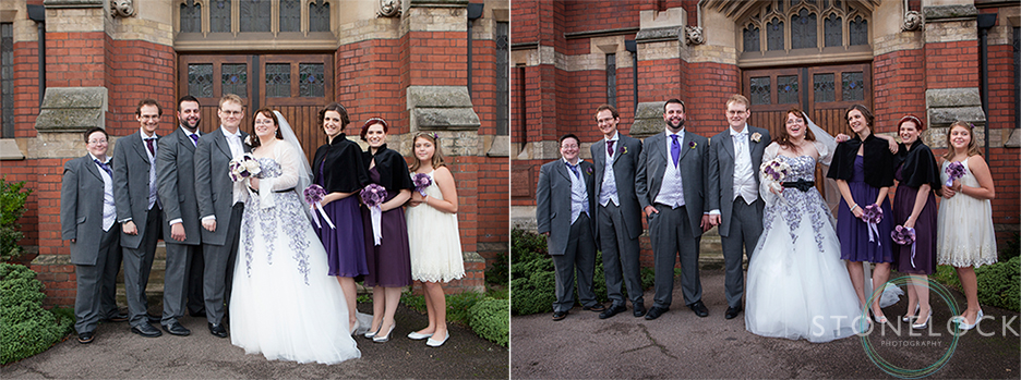 The bridal party stand outside the front of MMitcham Lane Baptist Church for their wedding photography
