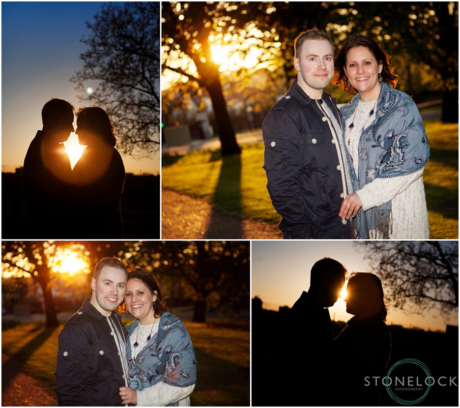 An engagement photo shoot in Finsbury Park, North London during the golden hour and the sun sets