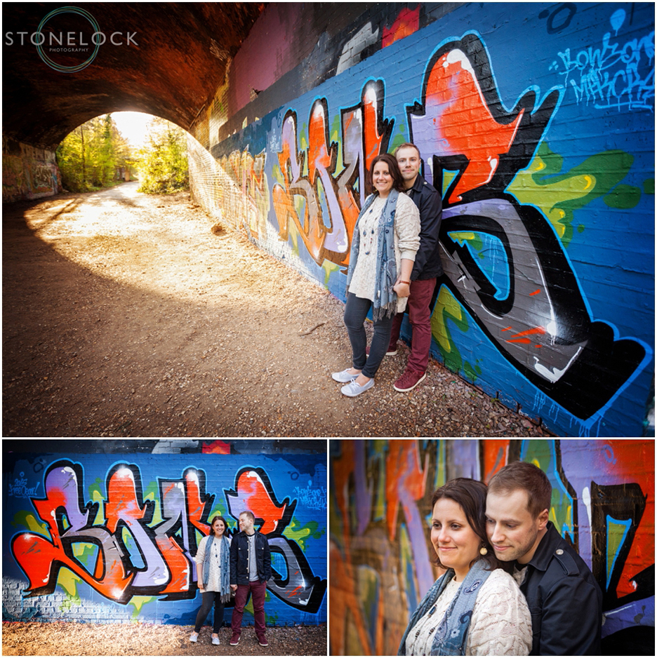 Engagement photo shoot by the graft wall on the Parkland Walk in North London