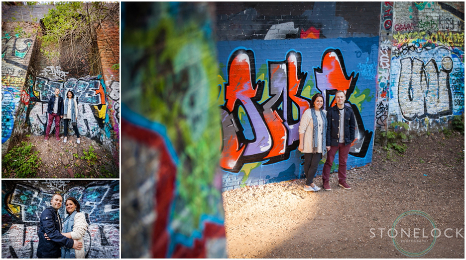 Engagement photo shoot by the graft wall on the Parkland Walk in North London
