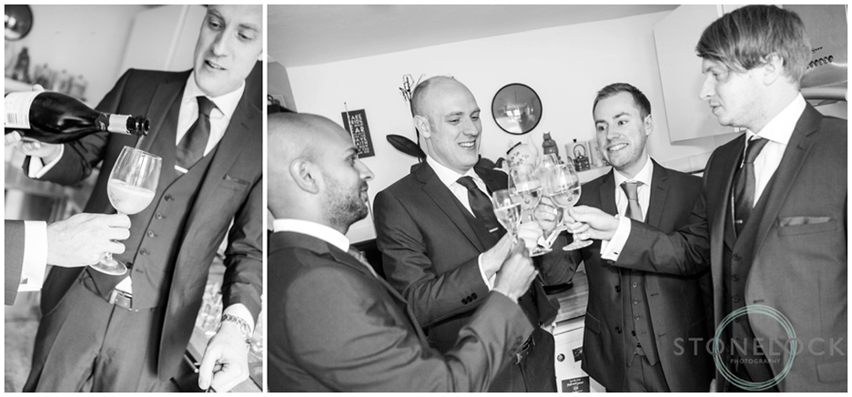The groom and his groomsmen toast his wedding with champagne