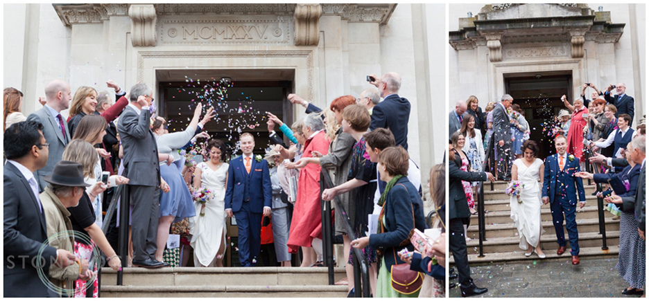 The confetti exit after the wedding ceremony at Islington Town Hall