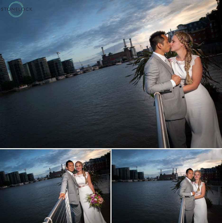 Bride and groom at dusk at Westminster Boating Base at the wedding