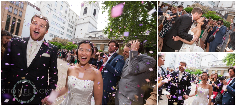 A tunnel of confetti as the bride and groom arrive at St Bride's Foundation in Fleet Street, London