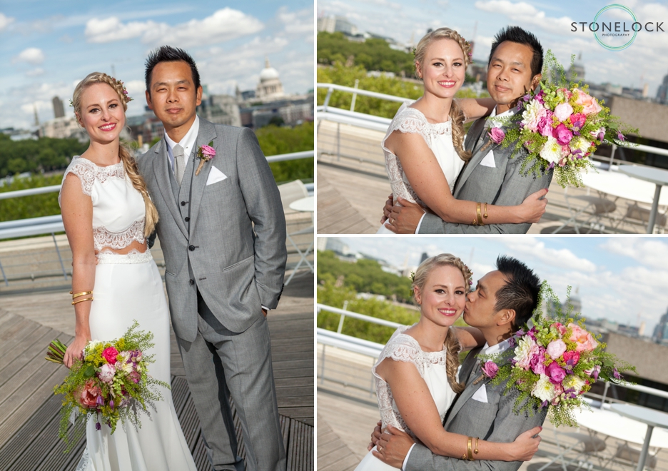 Bride and Groom on the Deck at the National Theatre over looking the London skyline