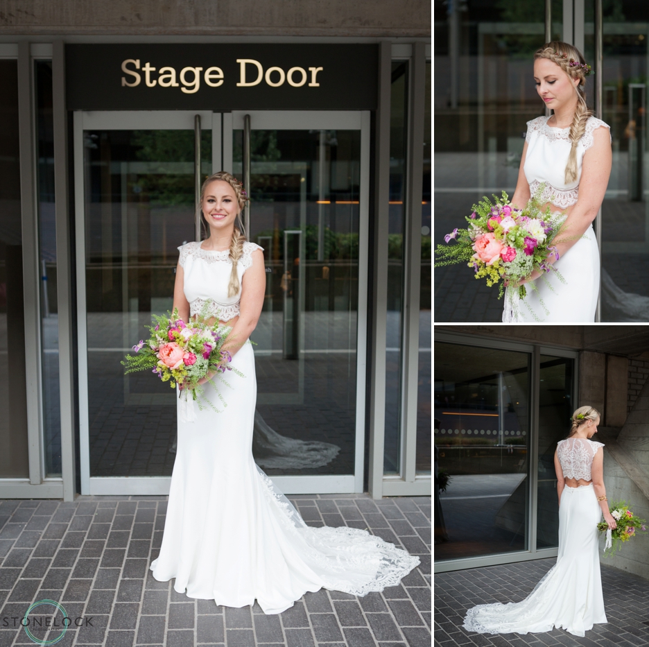 A bride outside Stage door at the National Theatre on London's Southbank