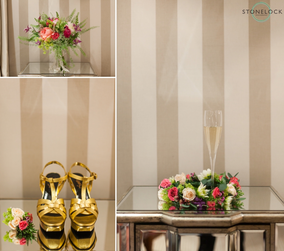 Wedding accessories, shoes, flowers and champagne