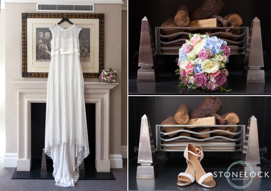 Bridal preparation, her dress, shoes and flowers, at the Knightsbridge Hotel, London