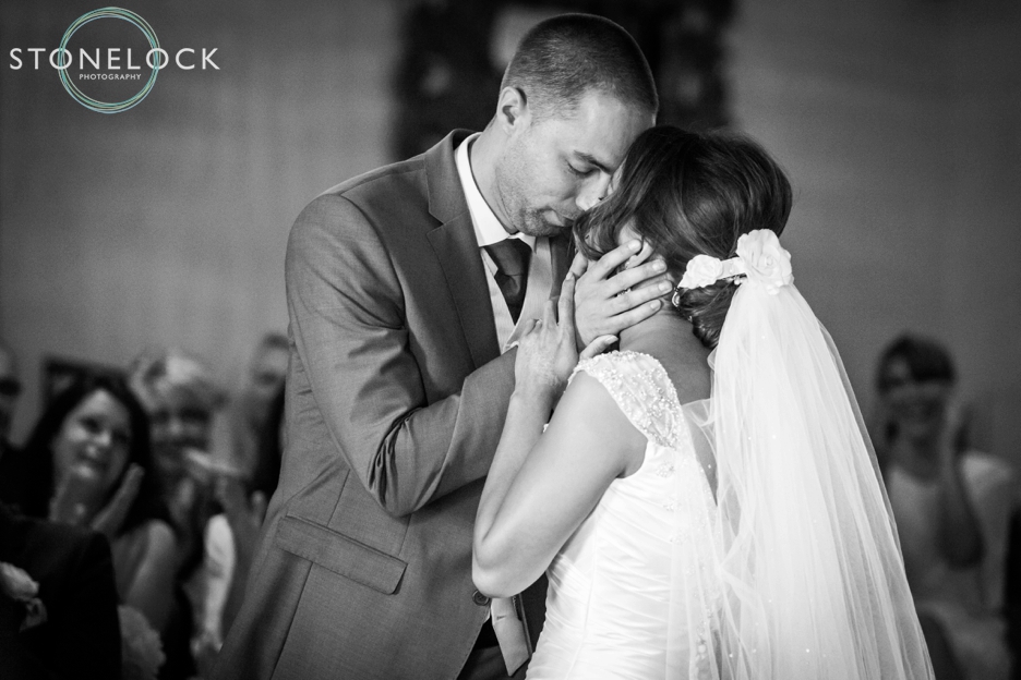 The kiss after the marriage ceremony at Ramside Hall in Durham