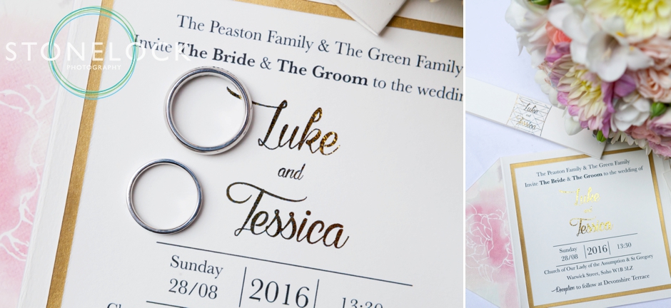 Invitation and wedding rings for a London wedding
