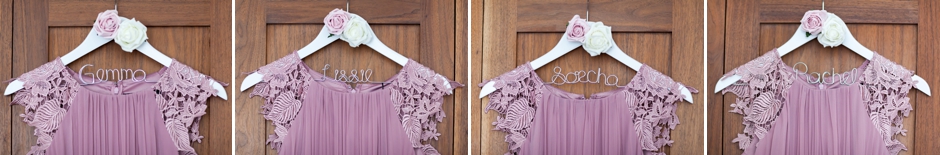 Bridesmaids dresses hanging on personalised hangers