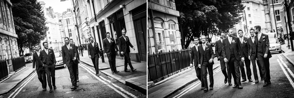 The groom and his groomsmen walk to the London wedding ceremony