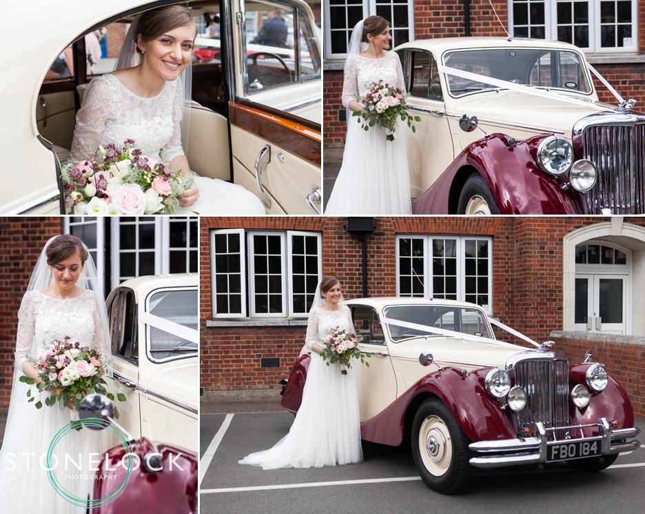 Bride arrives at Church in her Dad's classic wedding car