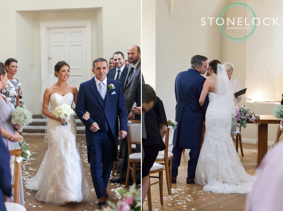 Farnham Castle, Surrey, Wedding photography, bride & her father walk down the aisle