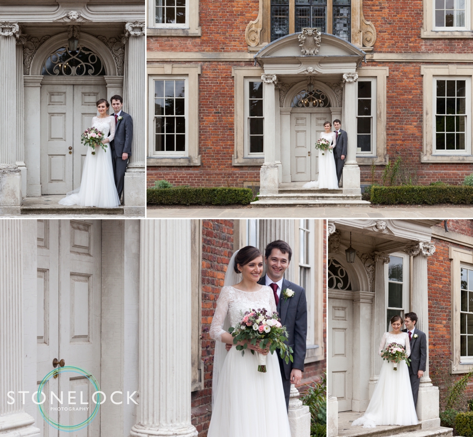The bride and groom pose for photographs at a wedding reception at Forty Hall in Enfield, London