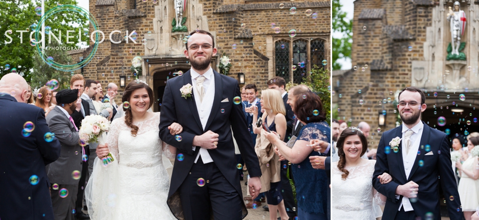 Wedding photography at St Georges Church in Wembley, London, the Bride & Groom leave to bubbles