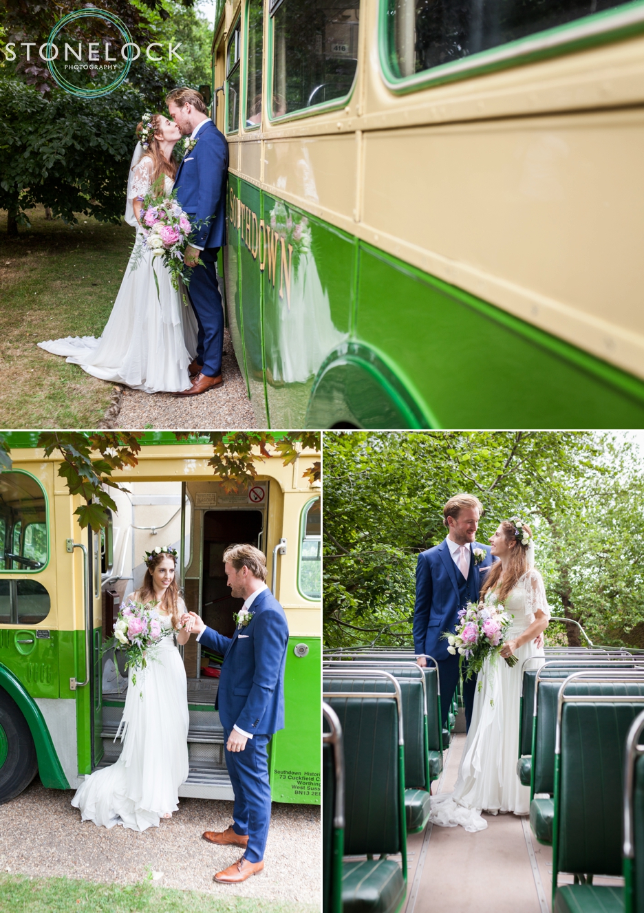 Wedding photography at Ridge Farm Studios, Dorking, Surrey, the bride & groom pose with their wedding bus!