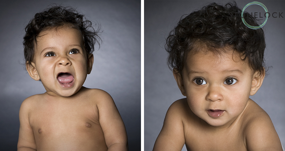 A six month old baby sits in a photography studio and roars for the camera