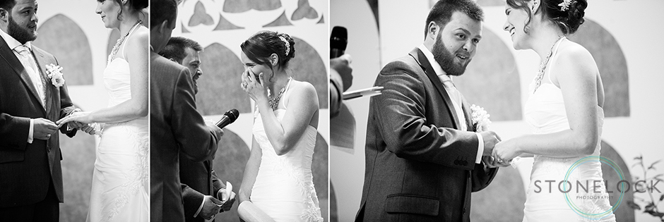 Black and white photos of the bride and groom saying their vows during the wedding ceremony at Mitcham Lane Baptist Church